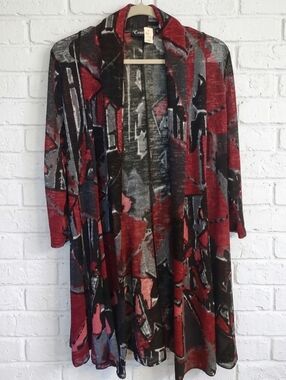 Creation Open Front Geometric Art Deco Print Duster Sleeved Jacket